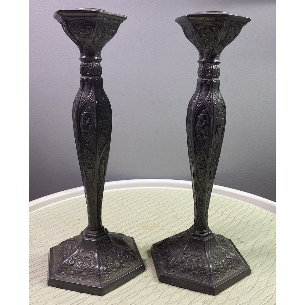 Ornate Antique-Style Black Metal Candlestick Pair